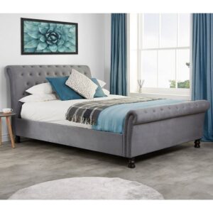 Andriana Fabric Double Bed In Grey Velvet With Wooden Feet