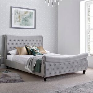 Orem Velvet Chesterfield Sleigh King Size Bed In Grey