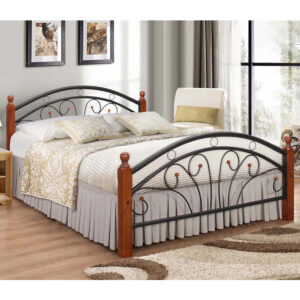 Natick Metal Double Bed With Wooden Pillar In Dirty Oak