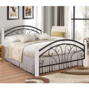 Natick Metal Double Bed With Wooden Pillar In White