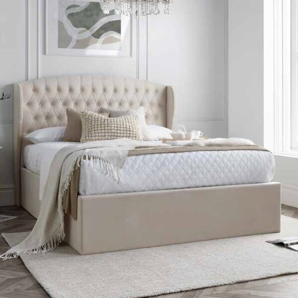 Warren Velvet Ottoman Storage Double Bed In Natural