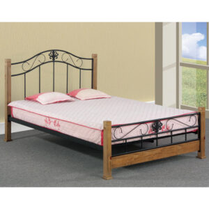 Maspeth Metal Double Bed With Wooden Pillar In Pine